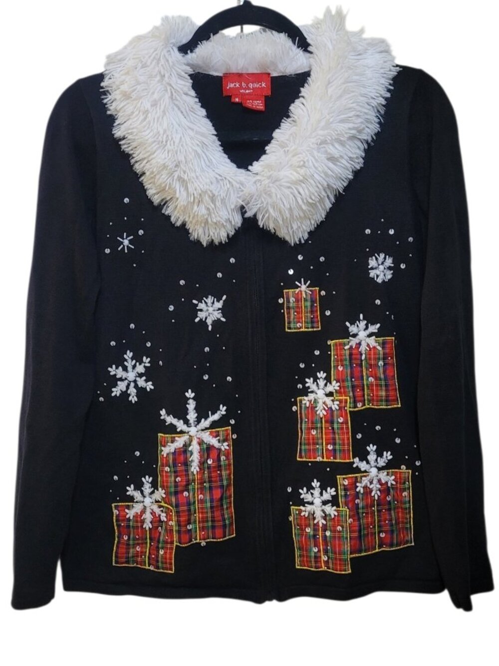 Jack B Quick Christmas Cardigan Sweater Zip Faux Fur Collar Black Plaid Medium